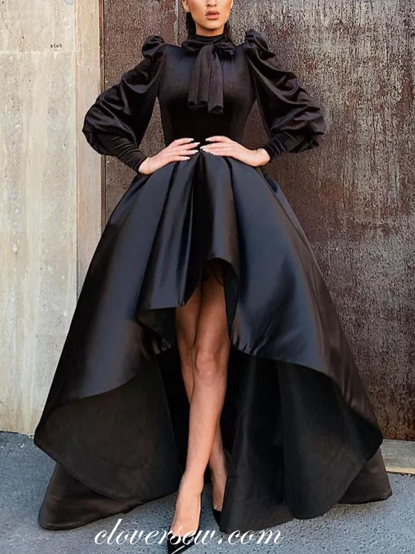Black Velvet Satin Vintage High Neck Long Sleeves High Low Prom Dresses , CP0477