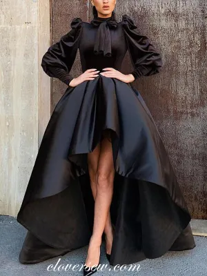 Black Velvet Satin Vintage High Neck Long Sleeves High Low Prom Dresses , CP0477