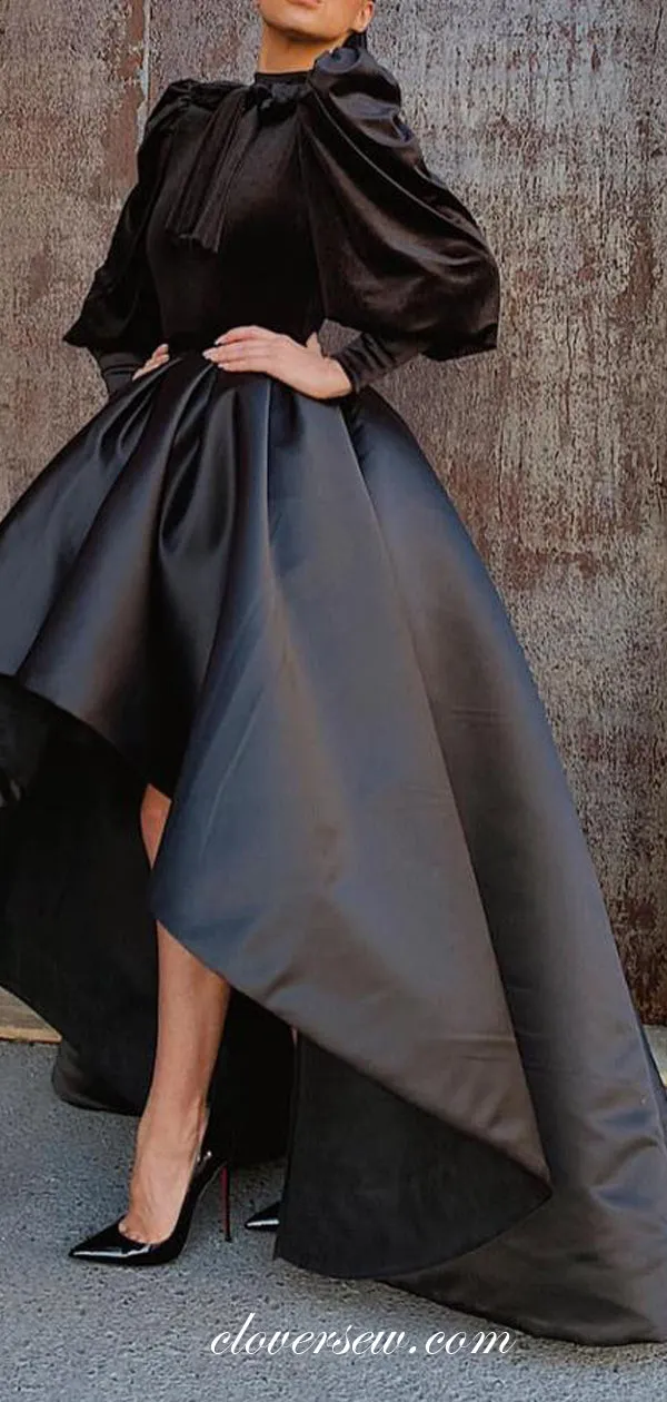 Black Velvet Satin Vintage High Neck Long Sleeves High Low Prom Dresses , CP0477