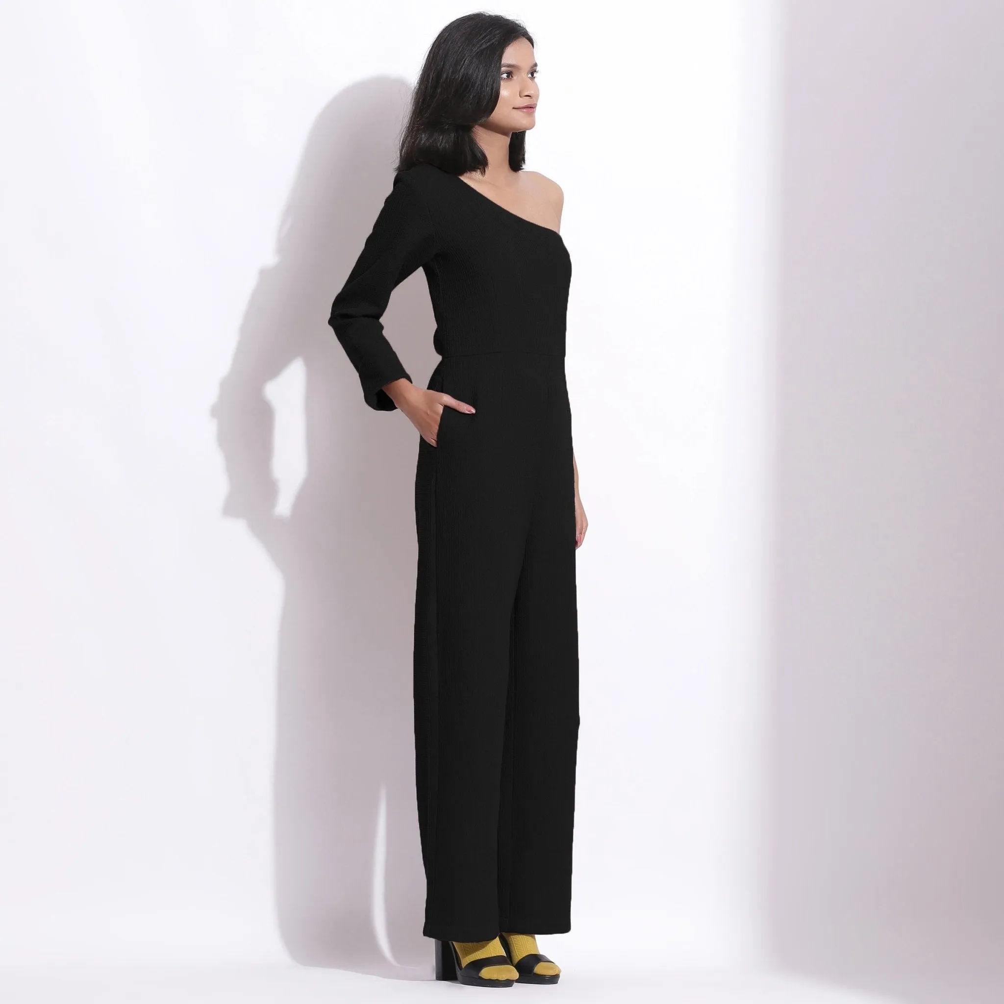 Black Warm Cotton Waffle Ankle Length One-Shoulder Jumpsuit