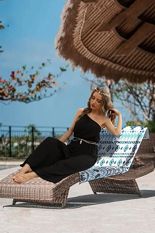 Black Women's Jumpsuits Summer One Shoulder Jumpsuits for Women Elastic Waist Wide Leg Pants Casual Loose Long Romper - COLOWANA