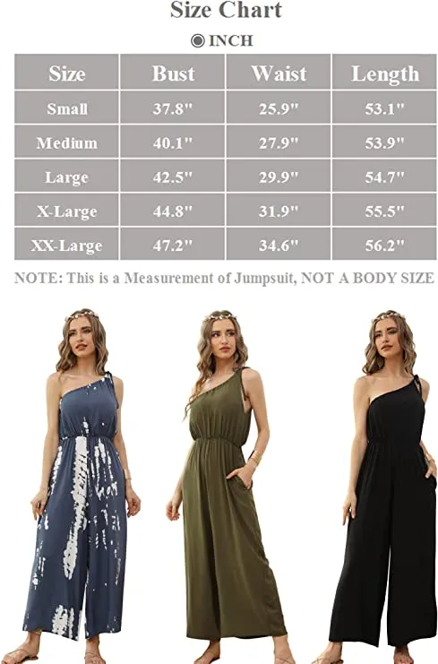Black Women's Jumpsuits Summer One Shoulder Jumpsuits for Women Elastic Waist Wide Leg Pants Casual Loose Long Romper - COLOWANA