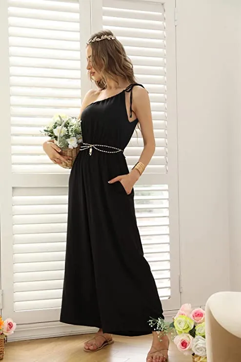 Black Women's Jumpsuits Summer One Shoulder Jumpsuits for Women Elastic Waist Wide Leg Pants Casual Loose Long Romper - COLOWANA
