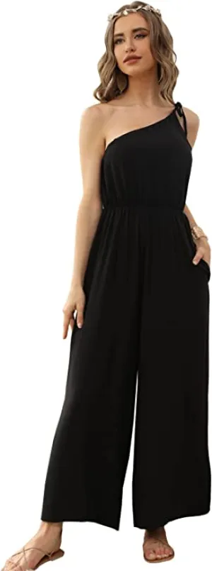 Black Women's Jumpsuits Summer One Shoulder Jumpsuits for Women Elastic Waist Wide Leg Pants Casual Loose Long Romper - COLOWANA