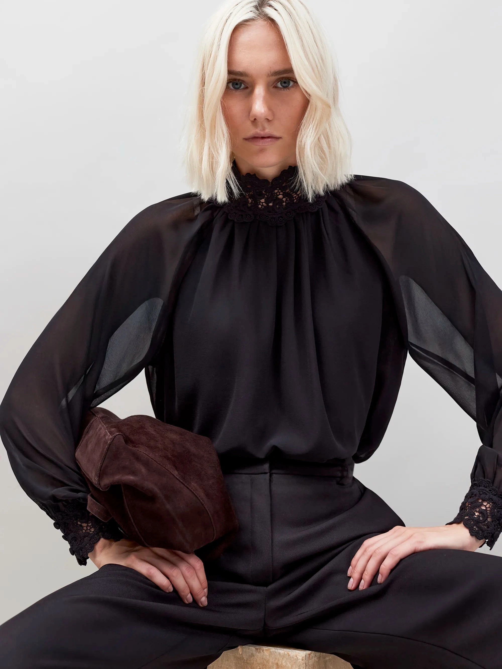 Black Lace Neck And Cuff Blouse