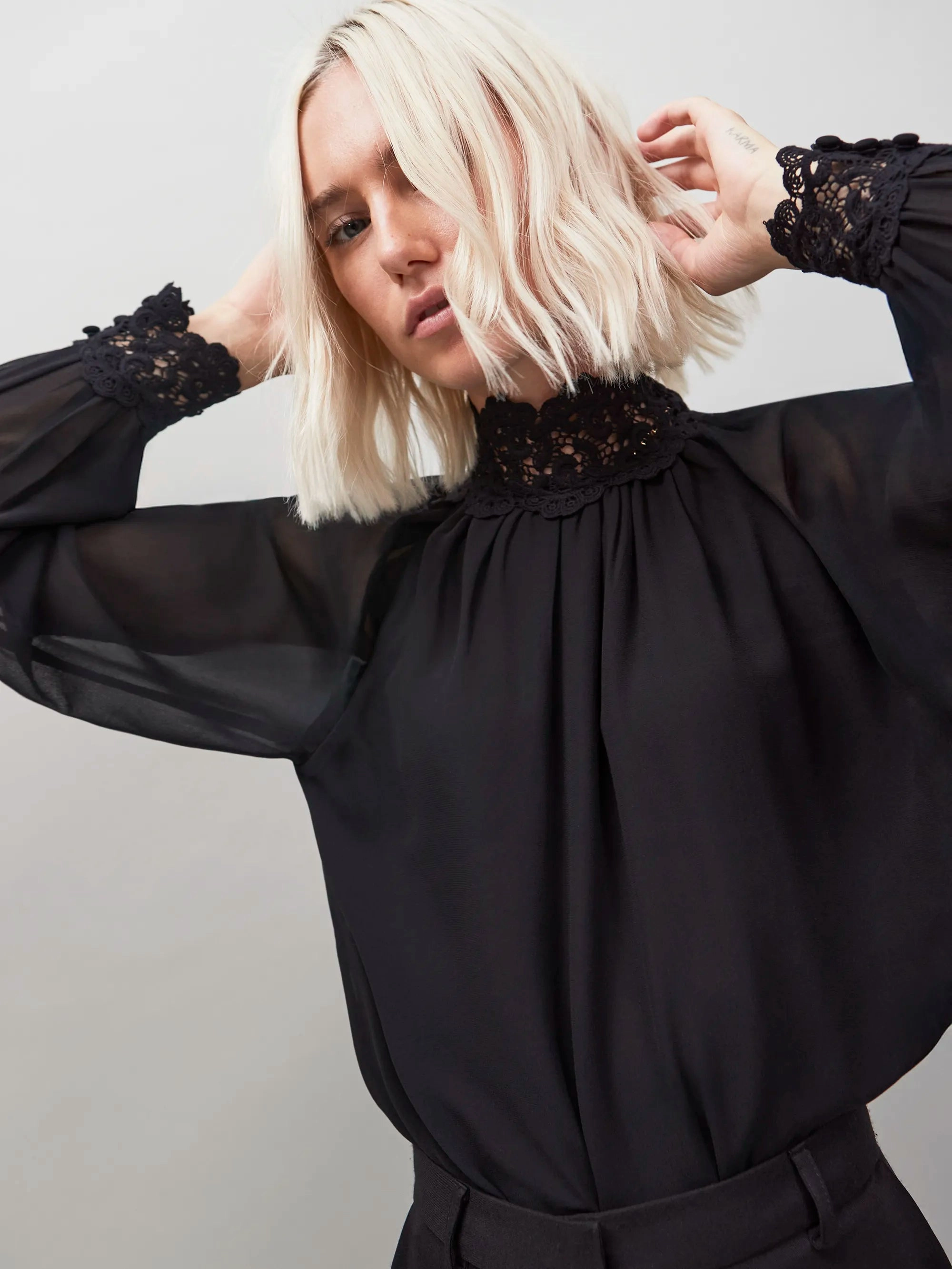 Black Lace Neck And Cuff Blouse