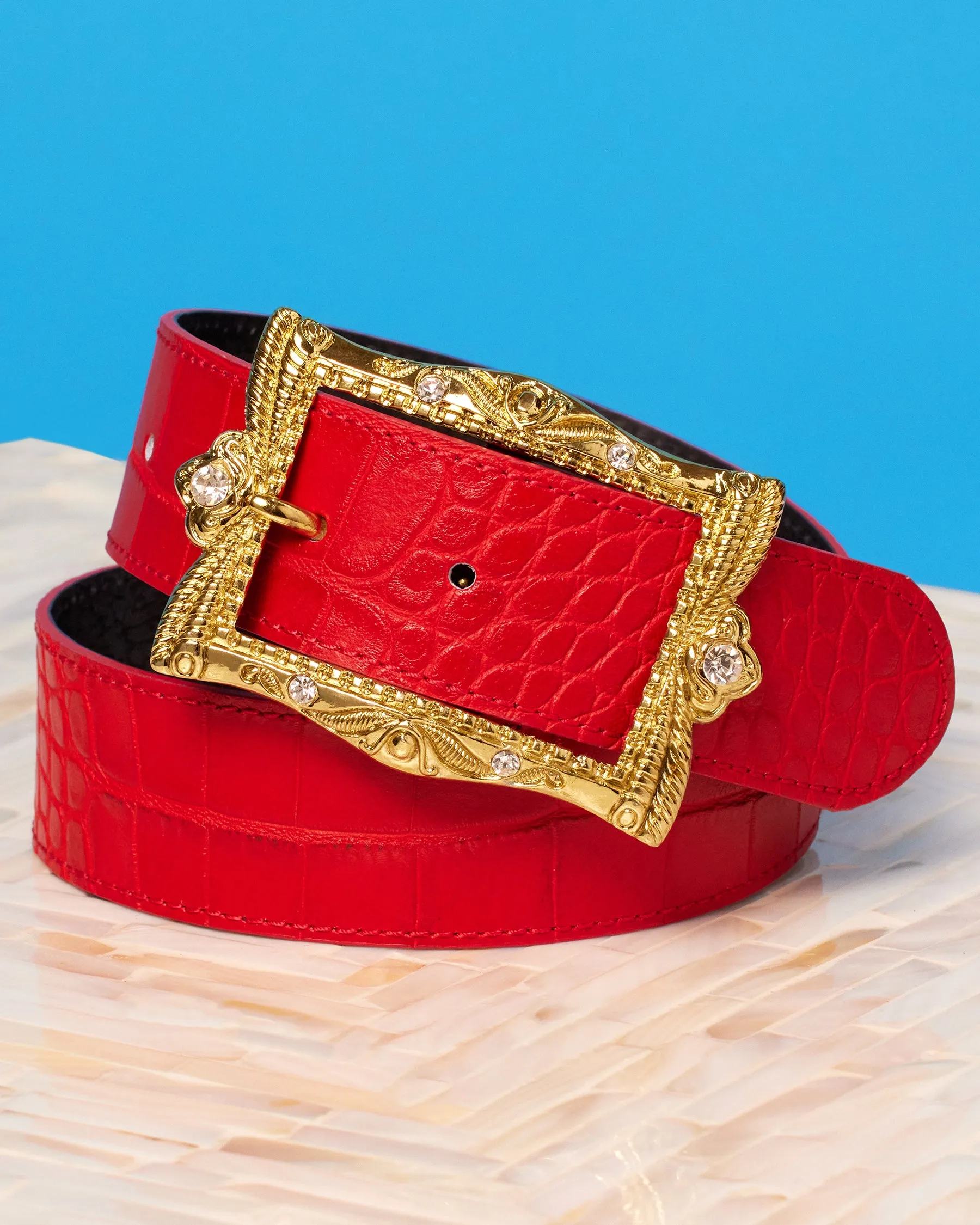 Blair Leather Belt in Croc-Embossed Red