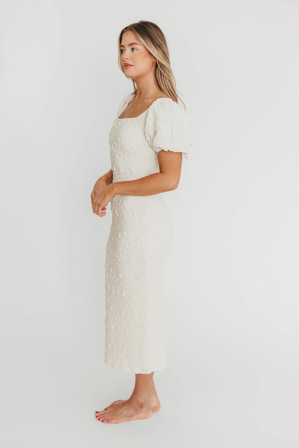 Blakeley Textured Midi Dress in Ivory - Bump Friendly & Inclusive Sizing (S-3XL)