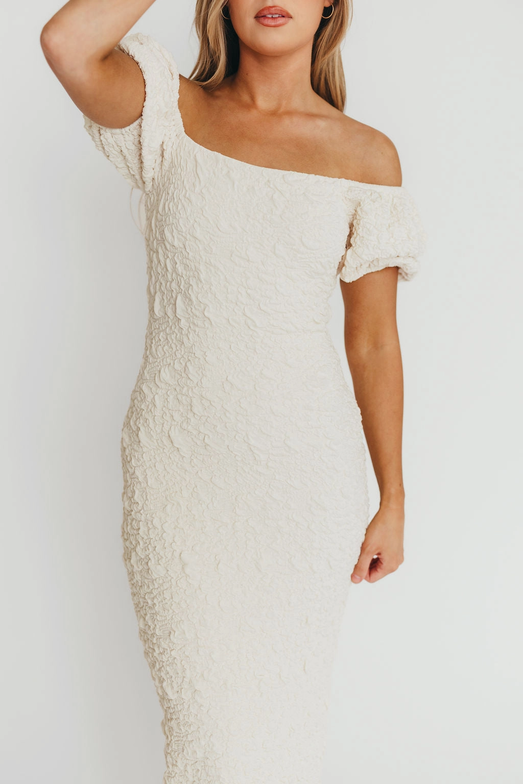 Blakeley Textured Midi Dress in Ivory - Bump Friendly & Inclusive Sizing (S-3XL)