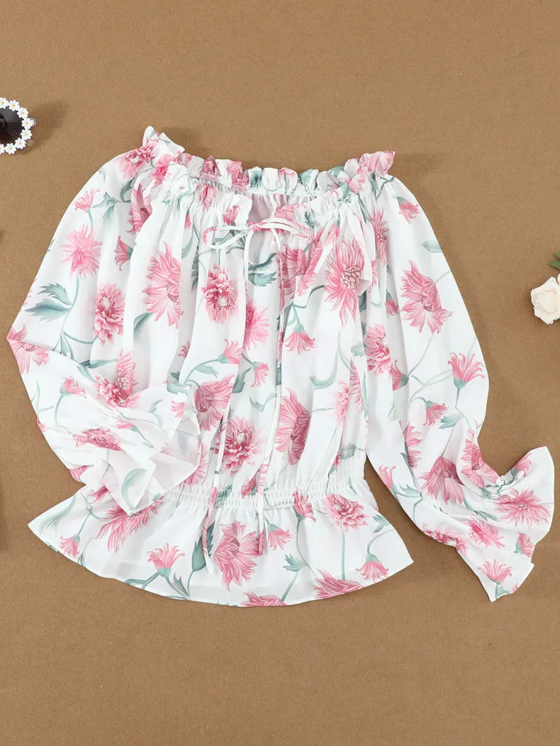 Bloom into Spring White Floral Print Ruched Blouse