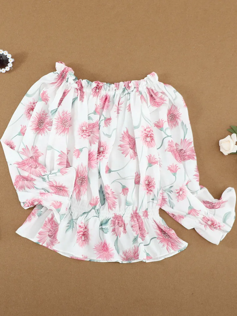 Bloom into Spring White Floral Print Ruched Blouse