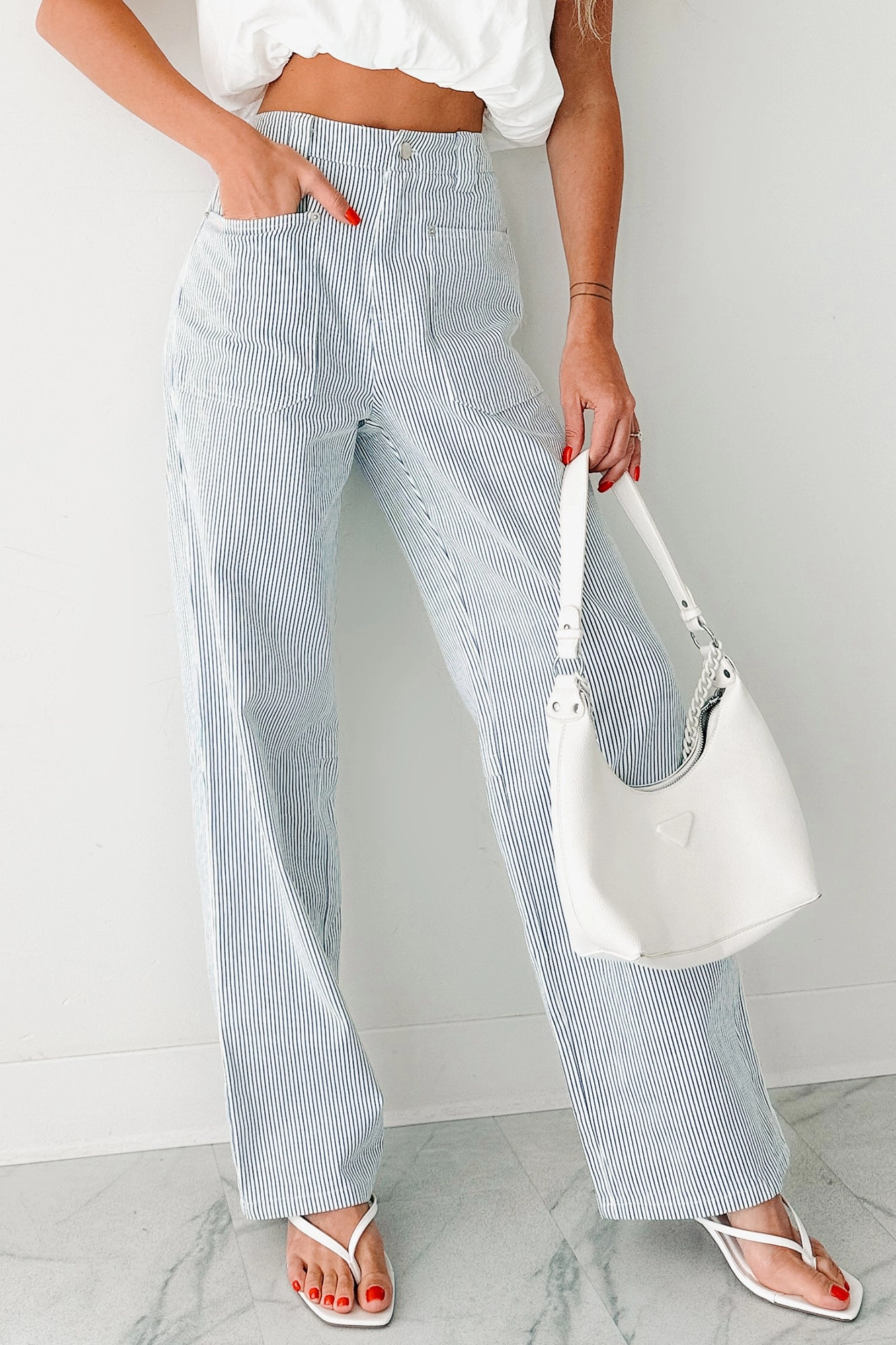 Bloom Society Pinstripe Straight Leg Pants (Ivory/Blue)