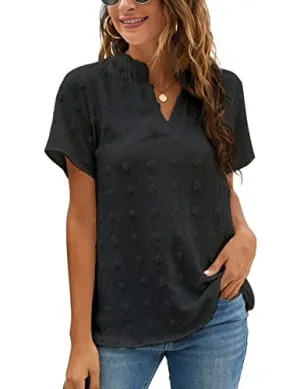 Blooming Jelly Womens White Chiffon Blouses Short Sleeve V Neck Shirts Summer Casual Polka Dot Tops (Medium, Wine Red)