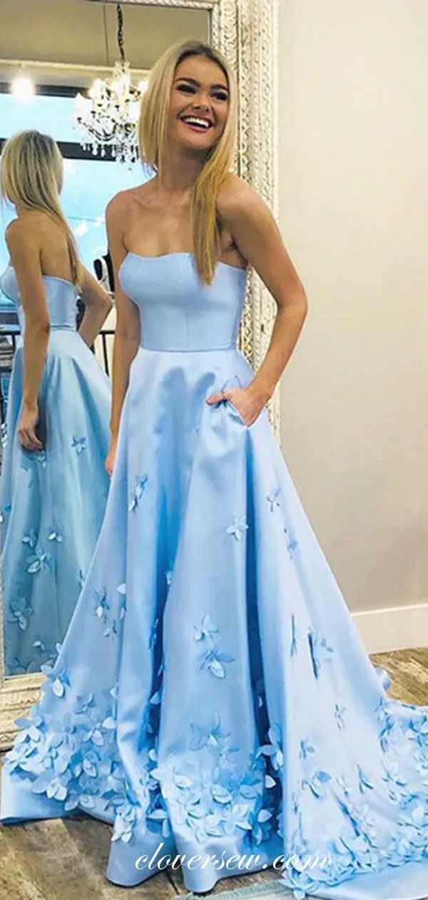 Blue Satin Applique Strapless A-line With Pockets Prom Dresses, CP0546
