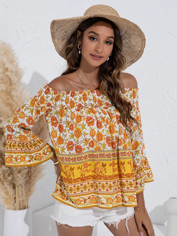 Blue Zone Planet |  One Shoulder Floral Flared Sleeve Top