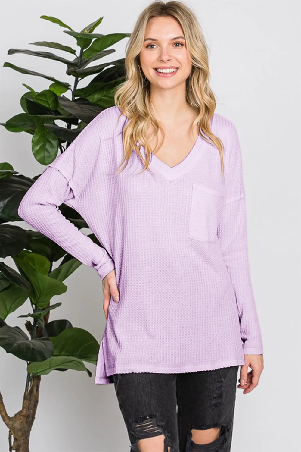 Blue Zone Planet |  Reborn J Waffle Knit V-Neck Long Sleeve T-Shirt