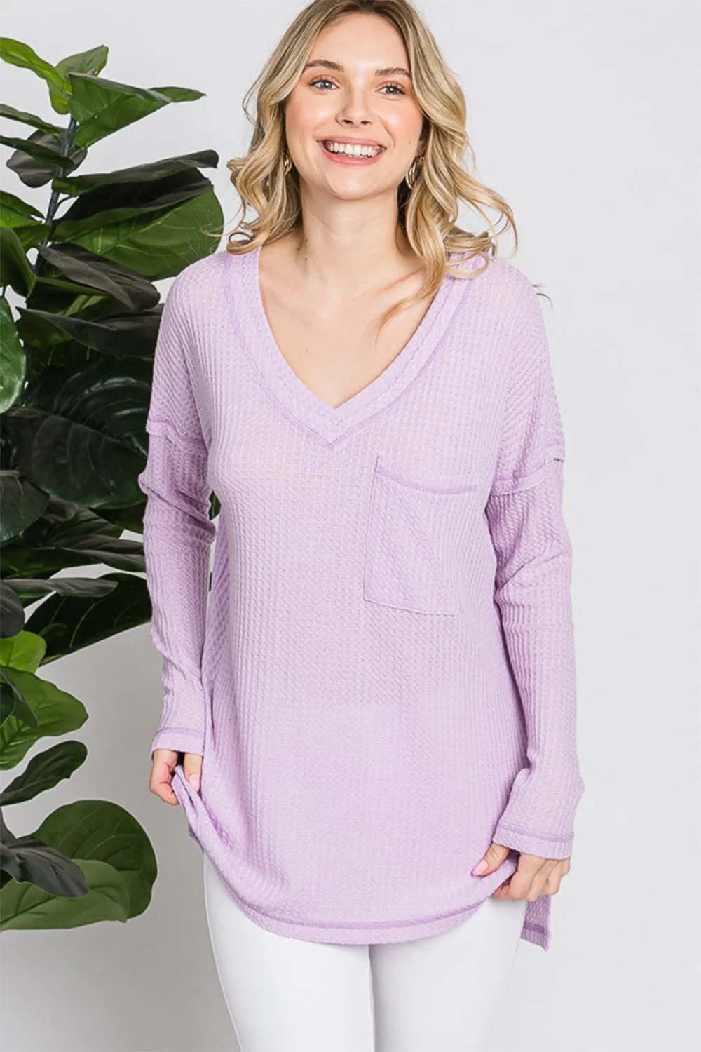 Blue Zone Planet |  Reborn J Waffle Knit V-Neck Long Sleeve T-Shirt