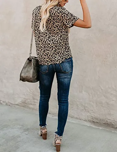 BMJL Women's Casual Cute Shirts Leopard Print Tops Basic Summer Short Sleeve Fashion Soft Blouse Loose Fit Tshirt(X-SmallLeopard)