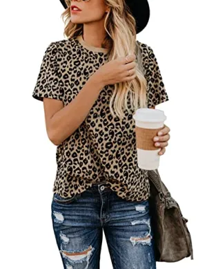 BMJL Women's Casual Cute Shirts Leopard Print Tops Basic Summer Short Sleeve Fashion Soft Blouse Loose Fit Tshirt(X-SmallLeopard)