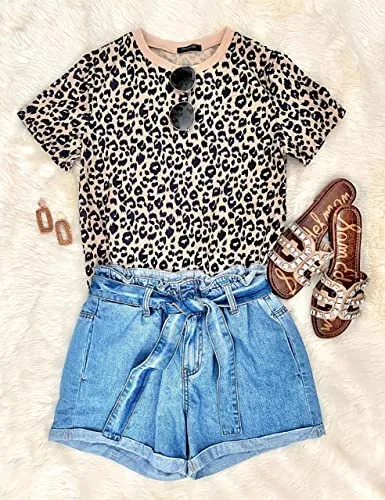 BMJL Women's Casual Cute Shirts Leopard Print Tops Basic Summer Short Sleeve Fashion Soft Blouse Loose Fit Tshirt(X-SmallLeopard)