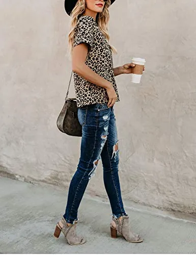 BMJL Women's Casual Cute Shirts Leopard Print Tops Basic Summer Short Sleeve Fashion Soft Blouse Loose Fit Tshirt(X-SmallLeopard)