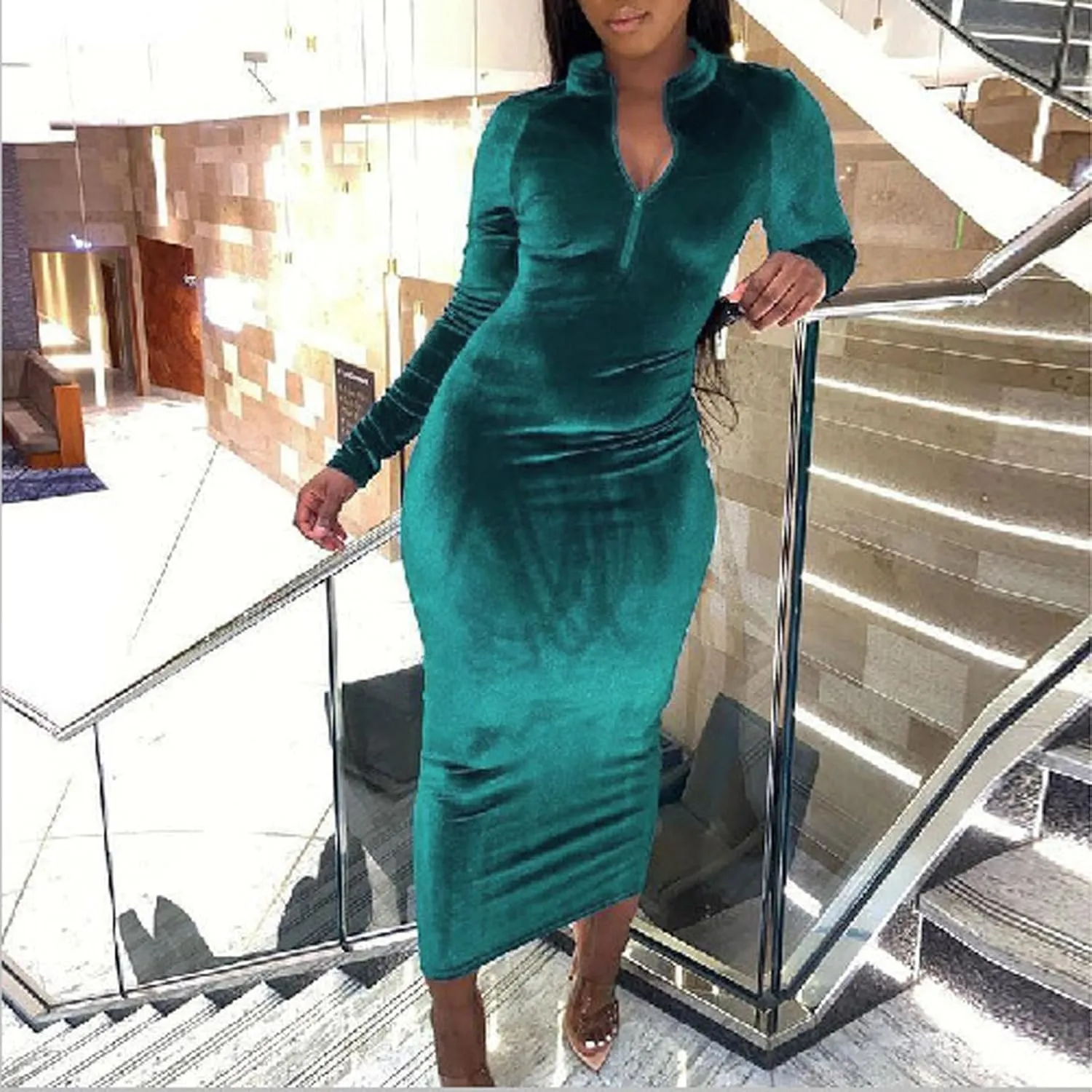 Bodycon Dress for Women Long Sleeve V Neck Zipper Velvet Long Dress Plus Size Elegant Slim Fit Maxi Dress Fall Dress