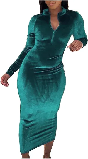Bodycon Dress for Women Long Sleeve V Neck Zipper Velvet Long Dress Plus Size Elegant Slim Fit Maxi Dress Fall Dress