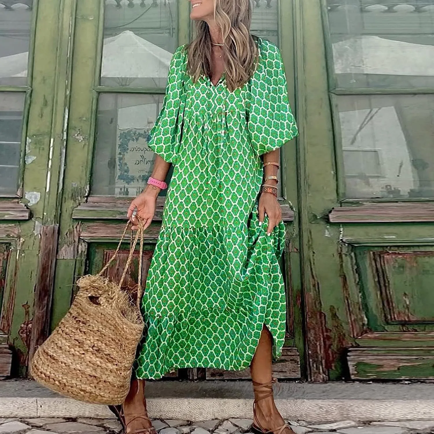 Boho Maxi Dresses for Women 2025 Casual Loose Fit Summer Long Bohemian Dress 3/4 Sleeve V Neck Plus Size Flowy Spring Dress