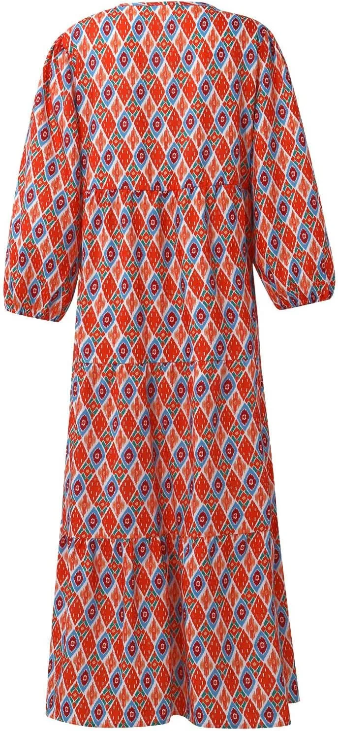 Boho Maxi Dresses for Women 2025 Casual Loose Fit Summer Long Bohemian Dress 3/4 Sleeve V Neck Plus Size Flowy Spring Dress