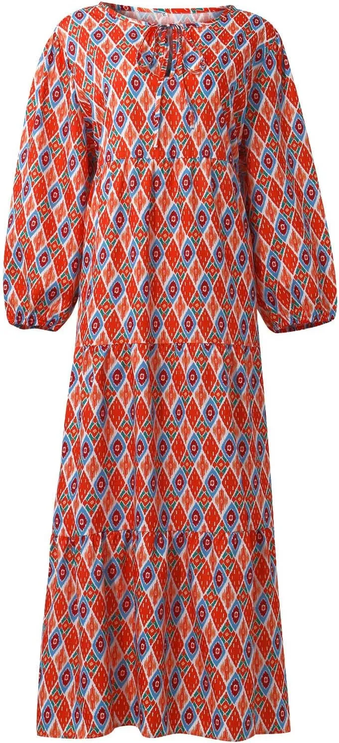 Boho Maxi Dresses for Women 2025 Casual Loose Fit Summer Long Bohemian Dress 3/4 Sleeve V Neck Plus Size Flowy Spring Dress