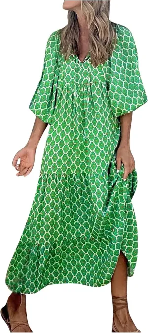 Boho Maxi Dresses for Women 2025 Casual Loose Fit Summer Long Bohemian Dress 3/4 Sleeve V Neck Plus Size Flowy Spring Dress