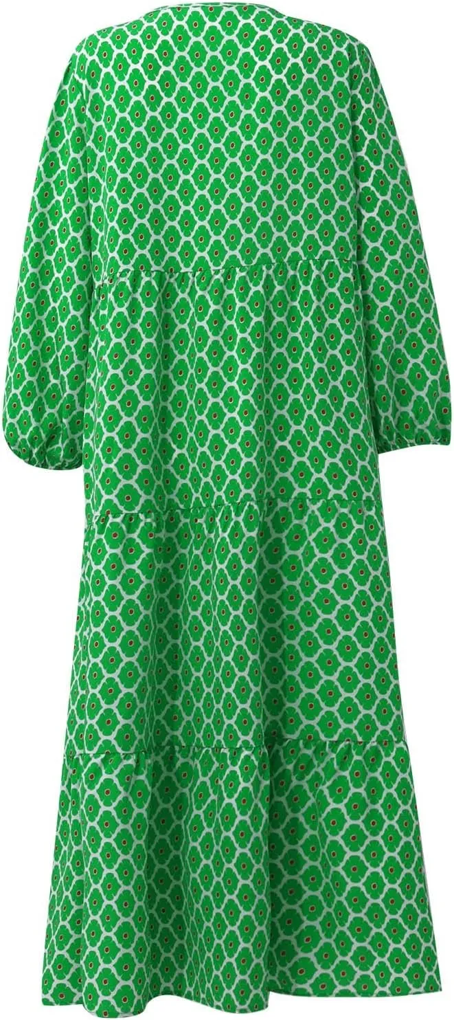 Boho Maxi Dresses for Women 2025 Casual Loose Fit Summer Long Bohemian Dress 3/4 Sleeve V Neck Plus Size Flowy Spring Dress