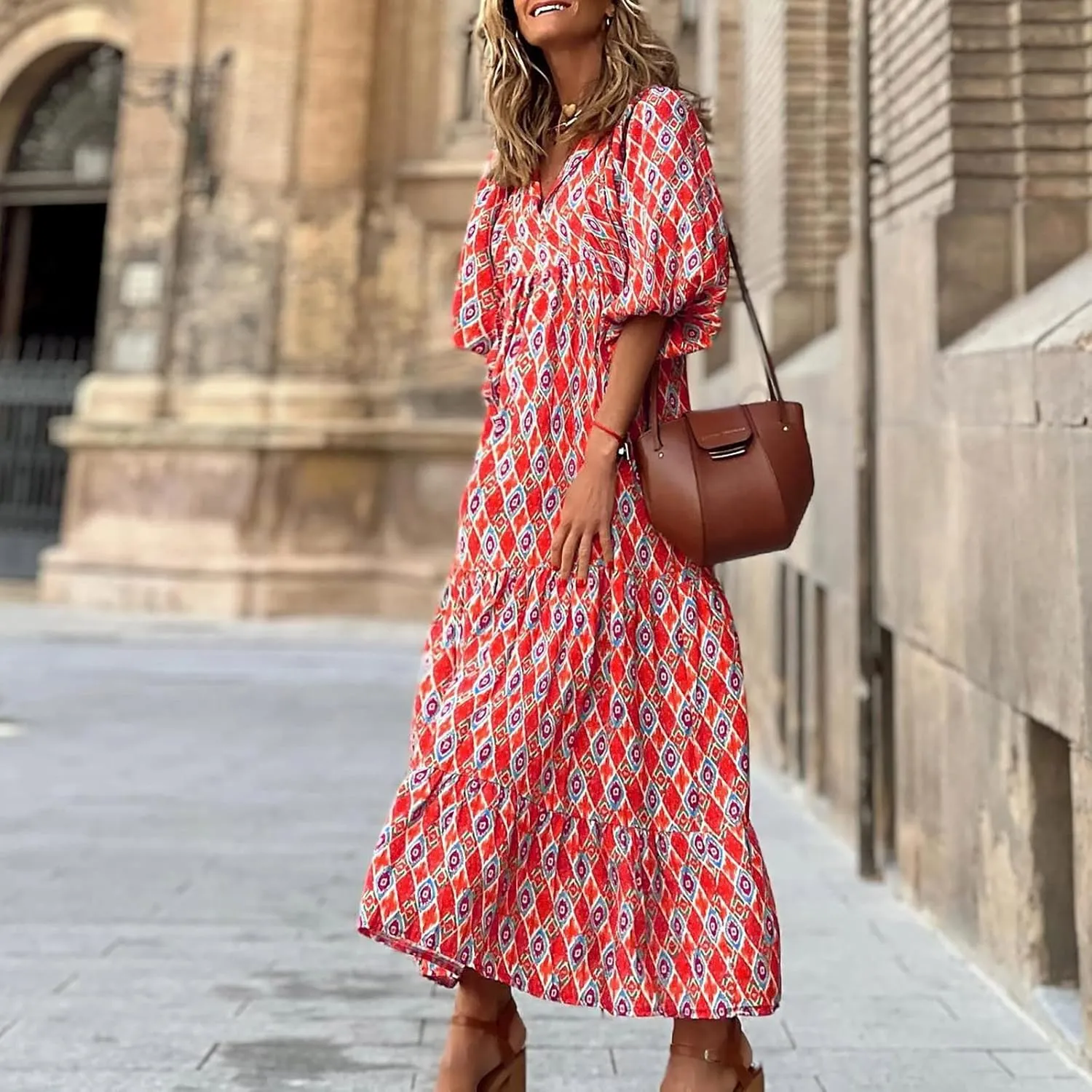 Boho Maxi Dresses for Women 2025 Casual Loose Fit Summer Long Bohemian Dress 3/4 Sleeve V Neck Plus Size Flowy Spring Dress