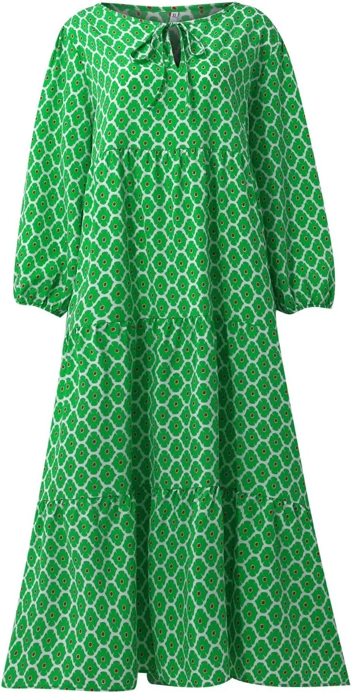 Boho Maxi Dresses for Women 2025 Casual Loose Fit Summer Long Bohemian Dress 3/4 Sleeve V Neck Plus Size Flowy Spring Dress