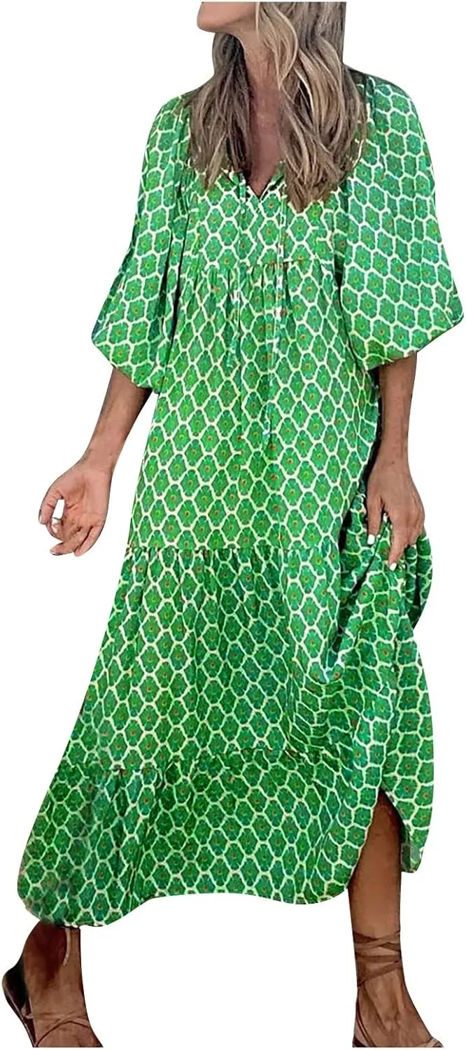 Boho Maxi Dresses for Women 2025 Casual Loose Fit Summer Long Bohemian Dress 3/4 Sleeve V Neck Plus Size Flowy Spring Dress
