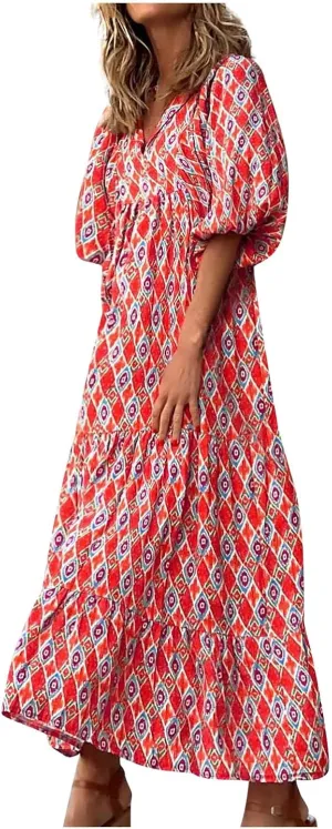 Boho Maxi Dresses for Women 2025 Casual Loose Fit Summer Long Bohemian Dress 3/4 Sleeve V Neck Plus Size Flowy Spring Dress