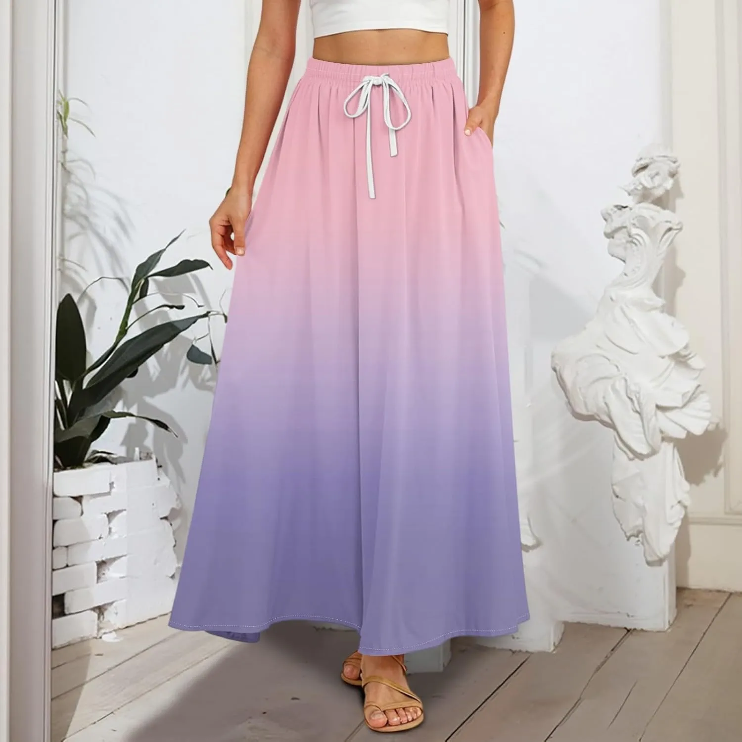 Boho Maxi Skirt for Women Summer Elastic High Waisted Casual Skirts Pleated A-Line Skirts Work Skirt Long with Pockets