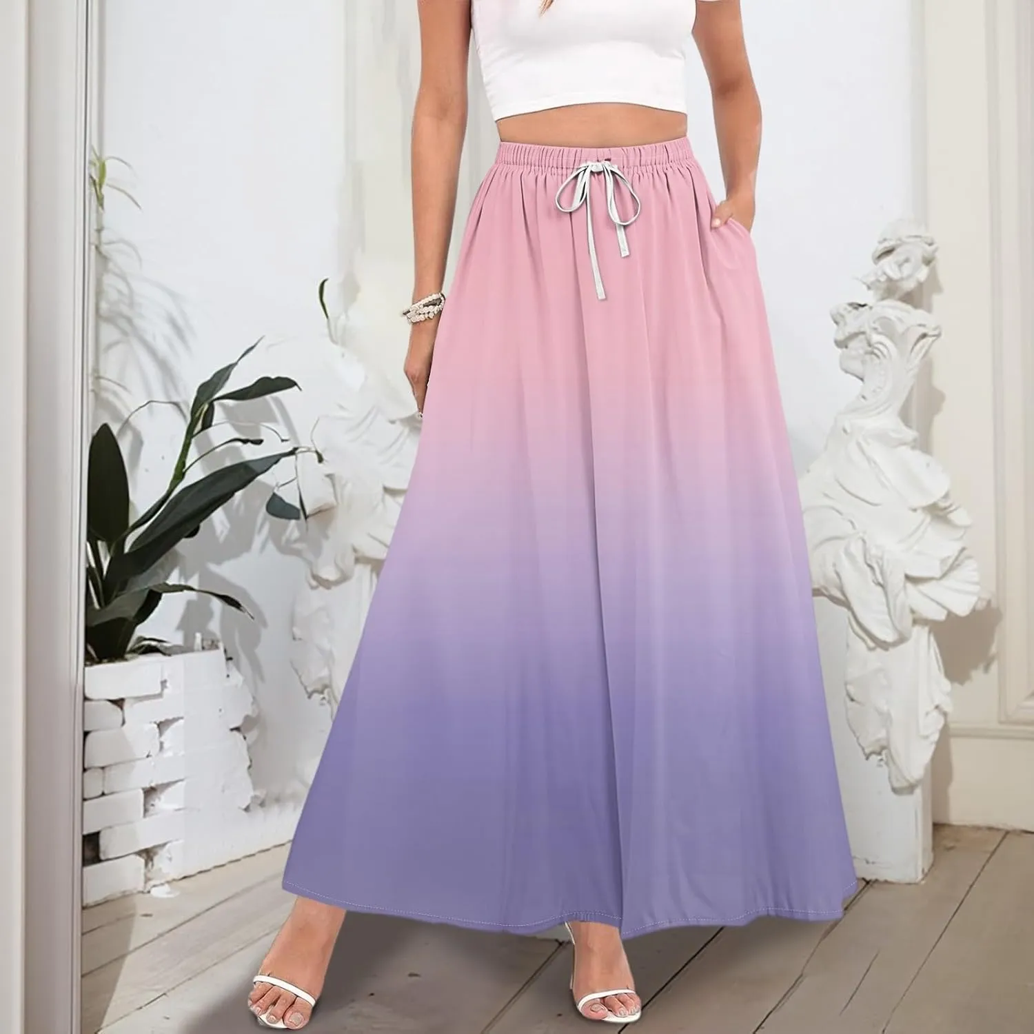 Boho Maxi Skirt for Women Summer Elastic High Waisted Casual Skirts Pleated A-Line Skirts Work Skirt Long with Pockets