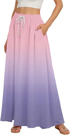Boho Maxi Skirt for Women Summer Elastic High Waisted Casual Skirts Pleated A-Line Skirts Work Skirt Long with Pockets