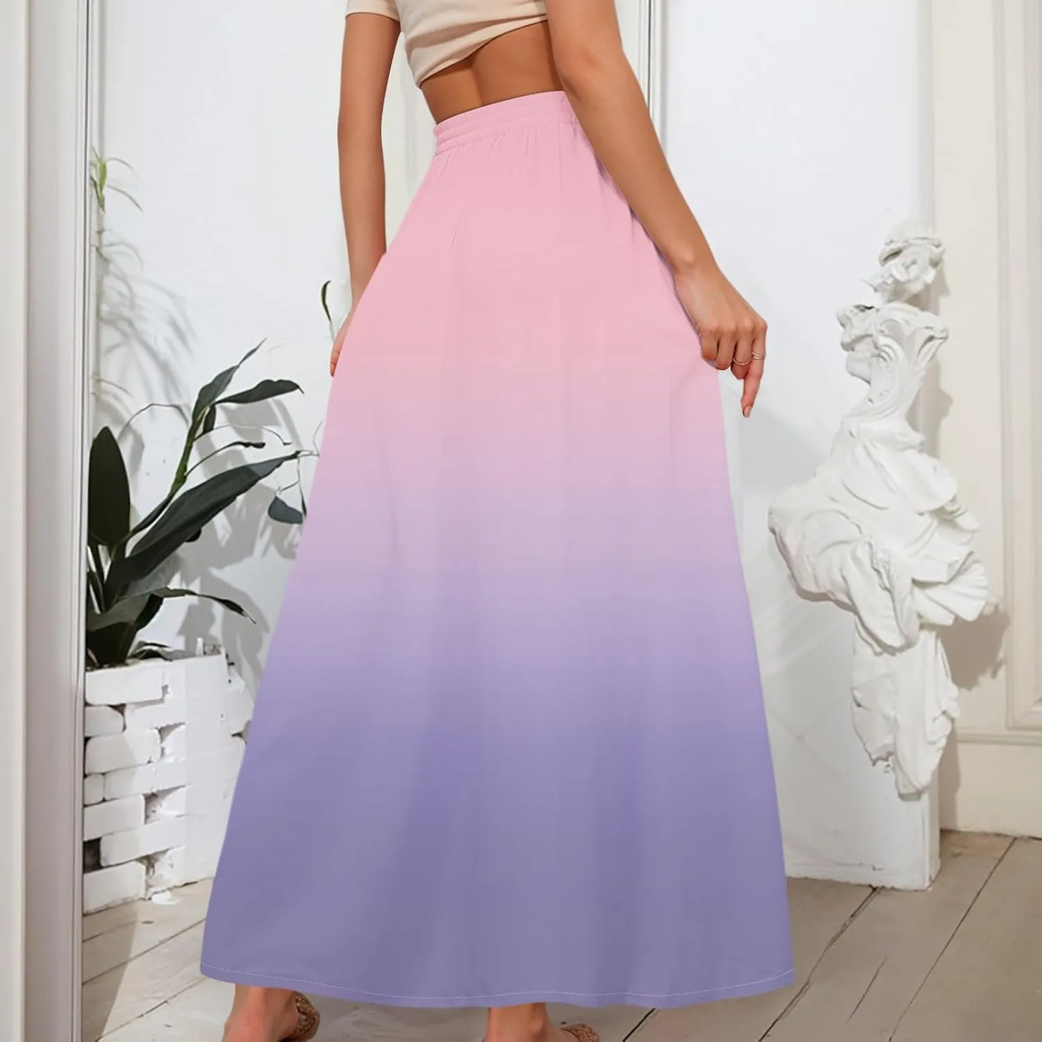 Boho Maxi Skirt for Women Summer Elastic High Waisted Casual Skirts Pleated A-Line Skirts Work Skirt Long with Pockets