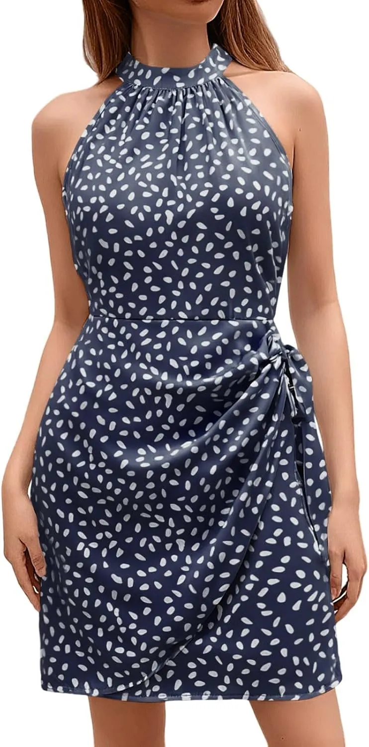 Boho Mini Dresses for Women 2025 Floral Sleeveless Halter Neck Empire Waist Semi Formal Dress Evening Cocktail Party Sundress