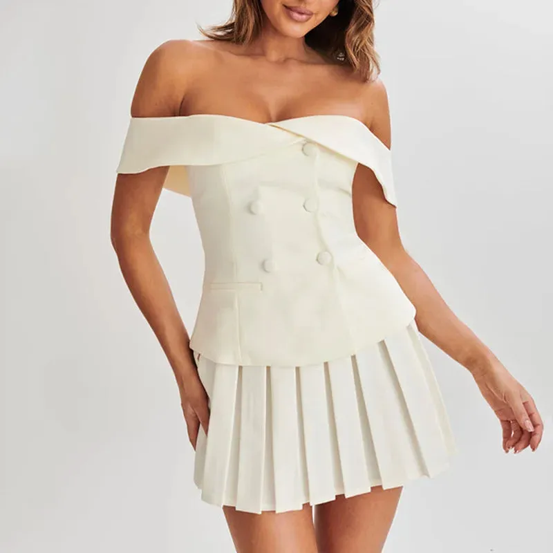 Bonnyshow Folds Dress Sets Women Sexy Off Shoulder Sleeveless Button Crop Tops Female Street Casual Mini Skirt Sets Womens Outfits