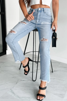 Boone High Rise Distressed Mom Jeans (Light Denim) Boone High Rise Distressed Mom Jeans (Light Denim)