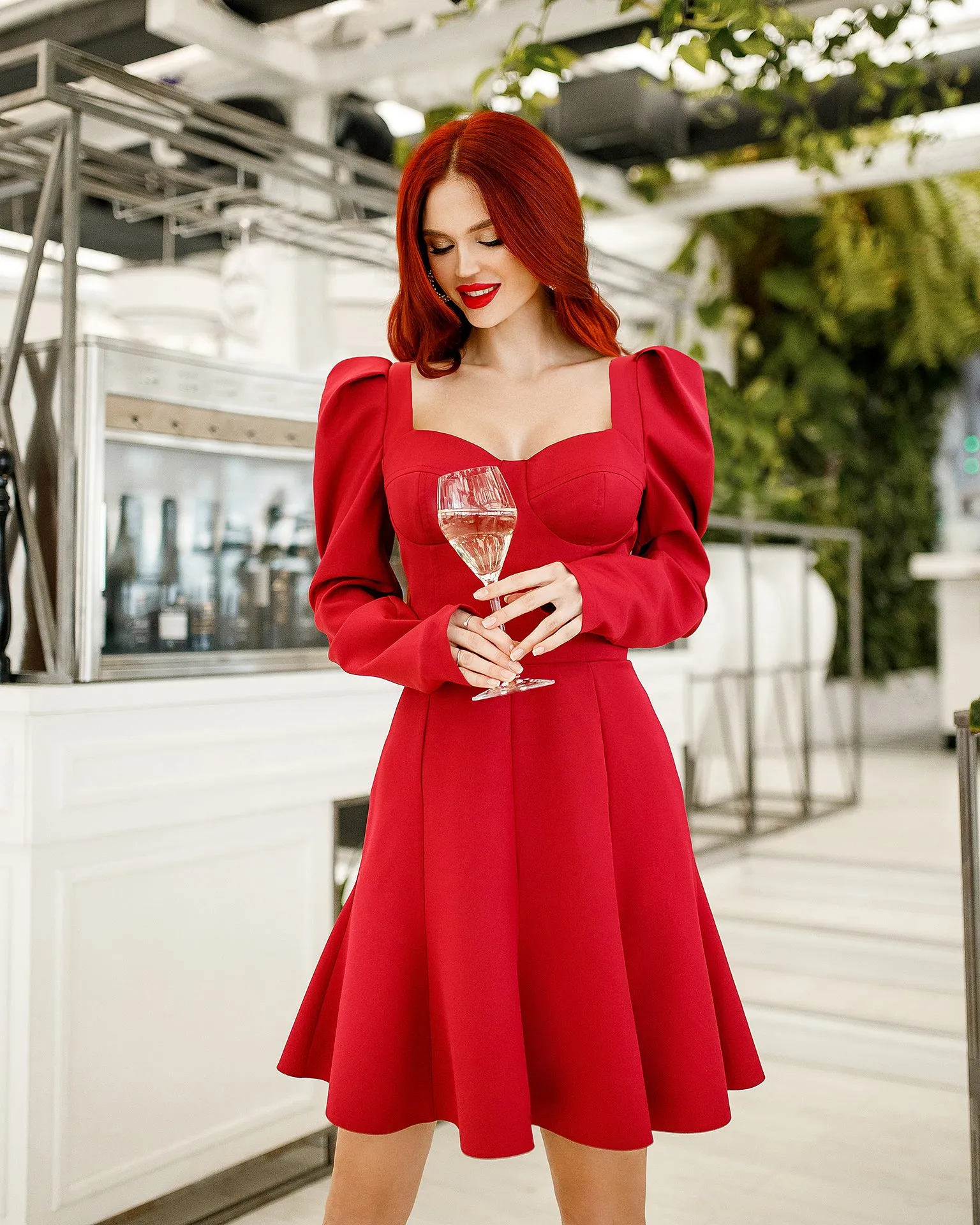 Bordeaux Sweetheart Puff-Sleeve Mini Dress