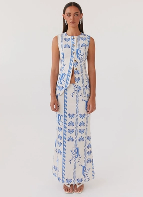 Born For Bordeaux Linen Midi Skirt - Floral Wave Born For Bordeaux Linen Midi Skirt - Floral Wave