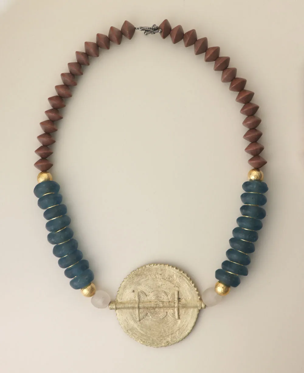 Brass Medallion Statement Necklace With Teal Glass Beads
