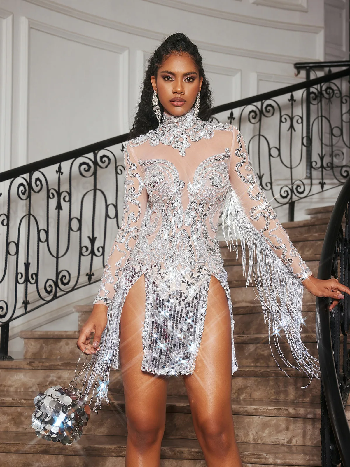 Braychan Embellished Fringe Split Mini Dress In Silver