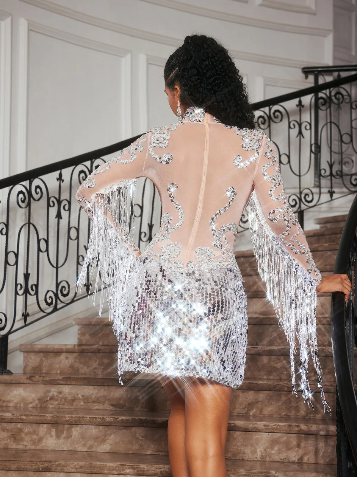 Braychan Embellished Fringe Split Mini Dress In Silver