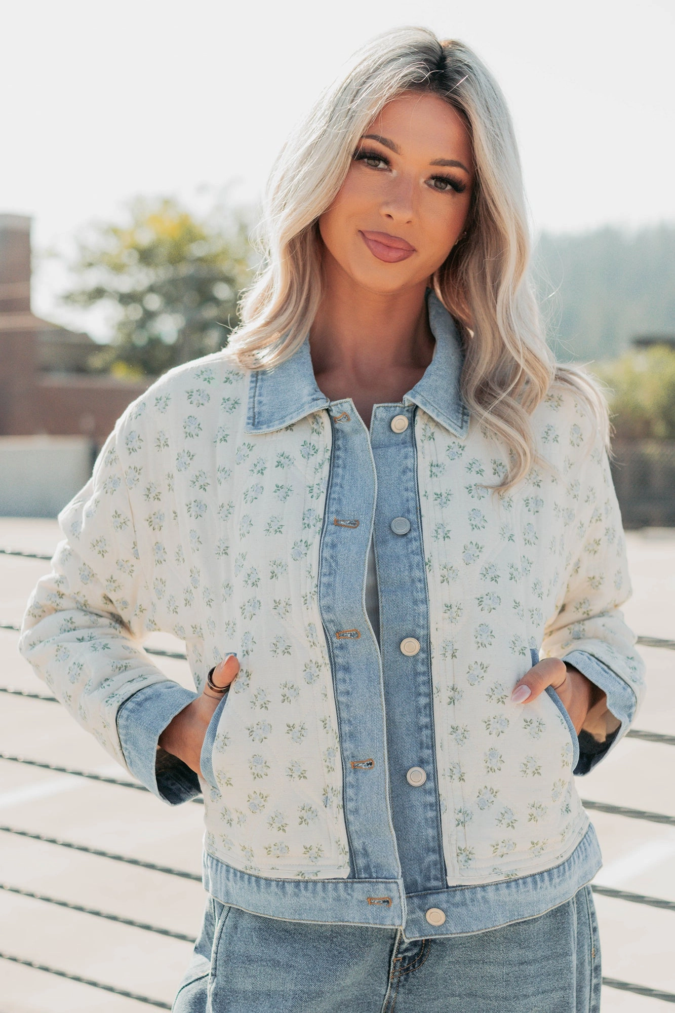 Breezy Mood Floral Quilted Denim Jacket (Ivory/Blue)