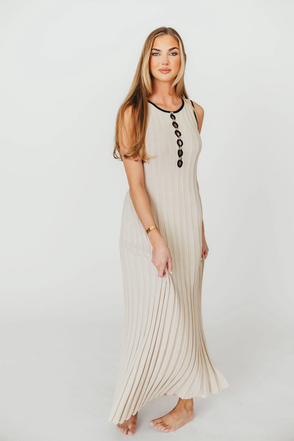 Brianne Button Down Ribbed Knit Maxi Dress in Taupe/Black *Final-Sale*